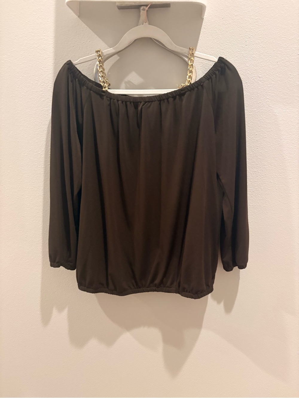 Michael Kors Brown Off-Shoulder Blouse with Gold Chain Straps